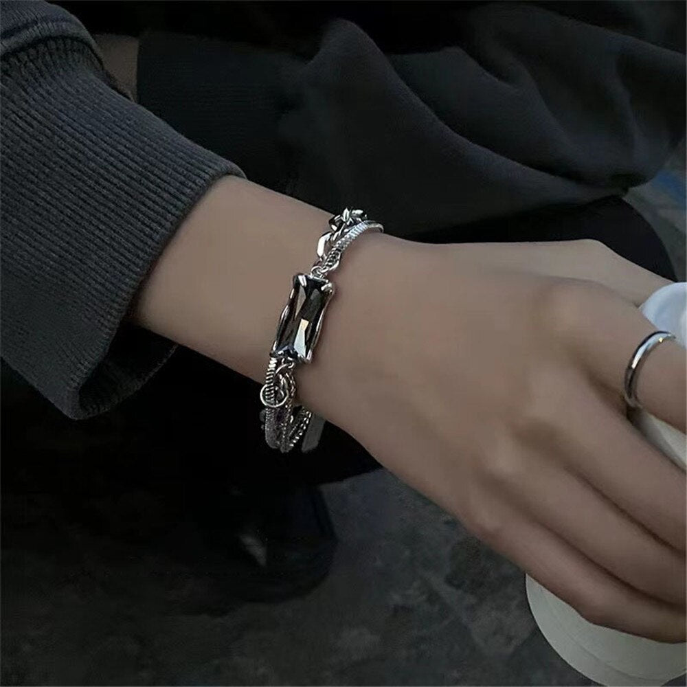 Cosysail Punk Black Crystal Bracelet for Female Men 2022 Trendy Hip hop Chunky Stainless steel Chain Bracelet Y2K Goth Jewelry