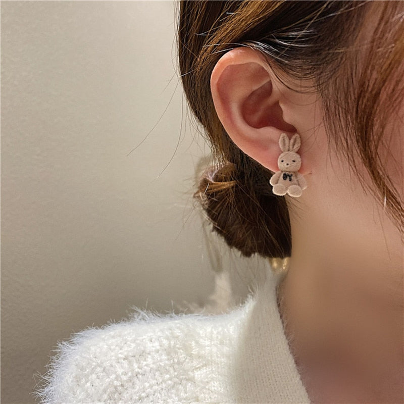 Jea. Angel Silver Color Punk Small  Bear Earrings For Women Fashion Cute Flocking Rabbit Ear Studs Tredny Birthday Jewelry Gifts