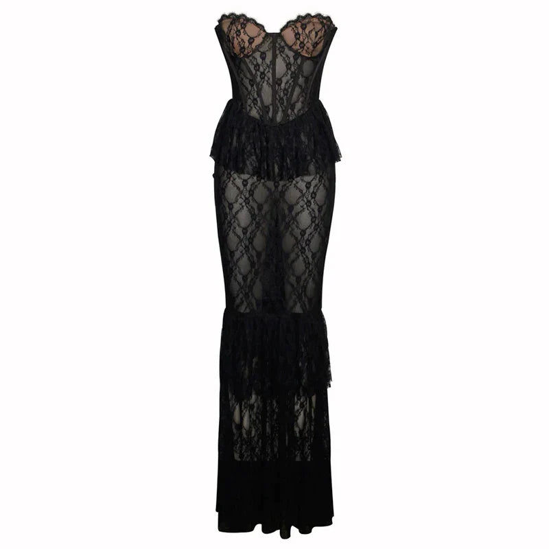 sealbeer A&A Strapless Sheer Floral Print Lace Bustier Maxi Dress