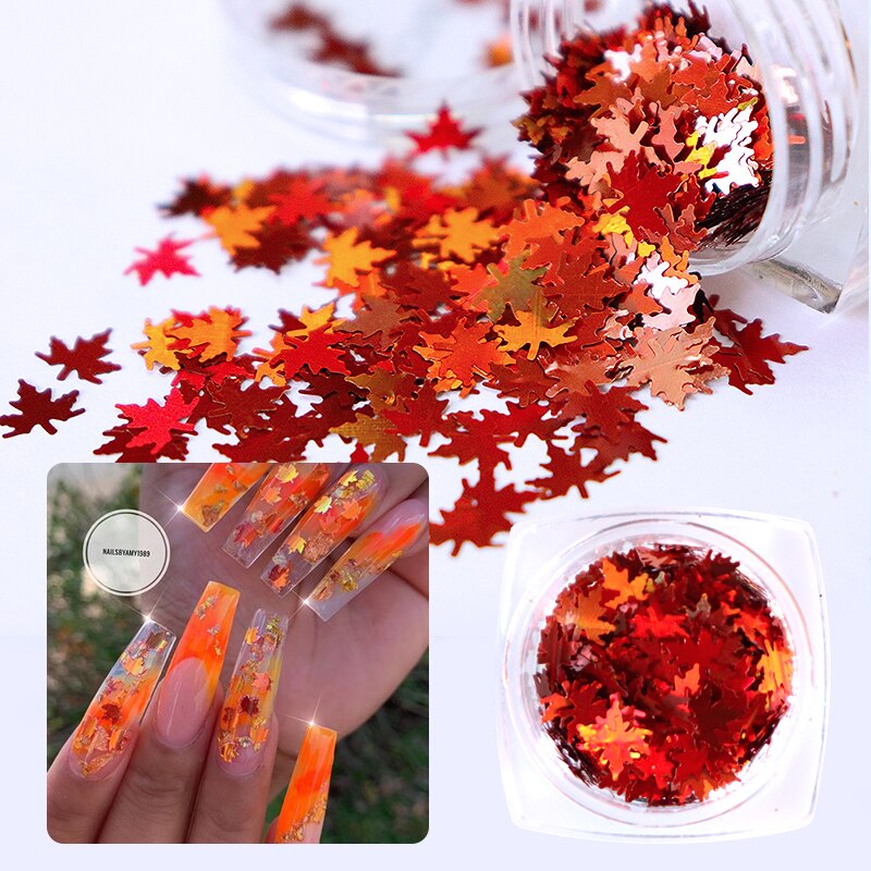 1 Box Holographic Laser Nail Glitter Fall Leaves Shape Chameleon Sequins Flakes Maple Leaf Tool Nail Art Decoration Manicure