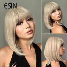 Load image into Gallery viewer, ESIN Synthetic Dark Brown Ombre to Purple Bob Wigs with Bangs for Women medium long Straight Hair Wig Cosplay Hairstyle