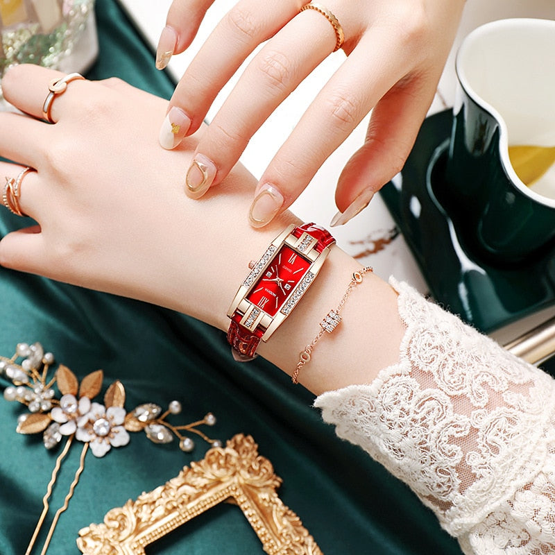 2022 Luxury Fashion Green Watches Women Qualities Diamond Studded Quartz Watch Ladies Leather Wristwatches Elegant Montre Femme