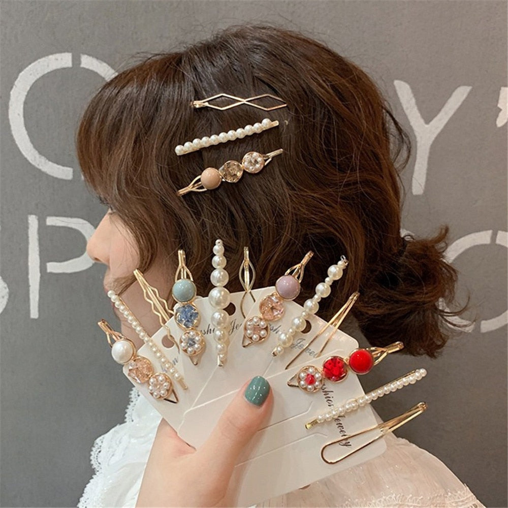 3PCS\Set Korean Style Pearl Hair Clip Geometric Metal Hair Pins With Rhinestones Hairpin Women&#39;s Hair Accessories Gifts for Girl