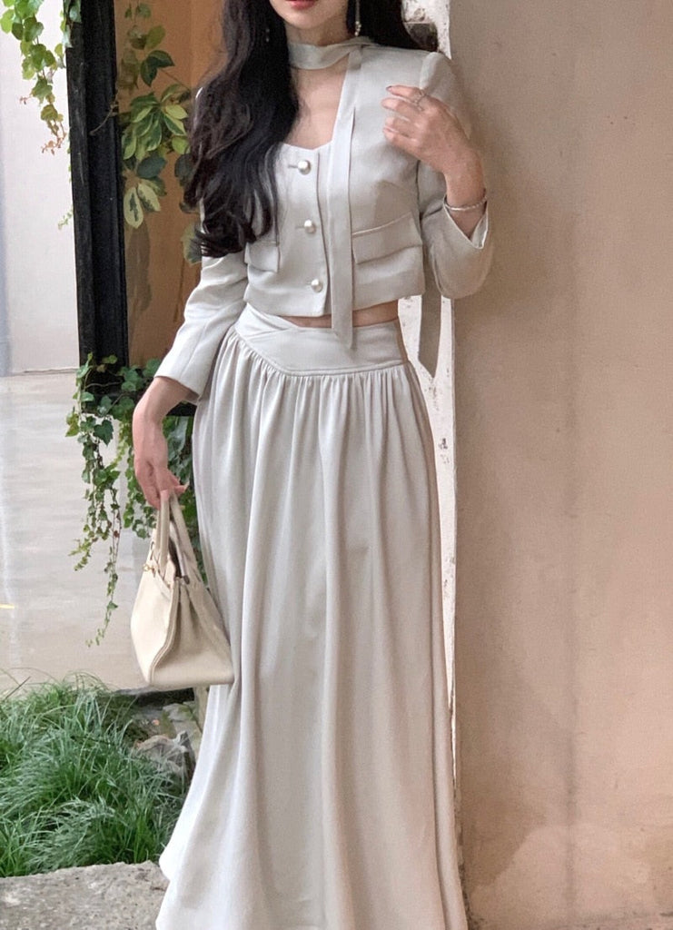 sealbeer French White Long Sleeve 2 Piece Set for Women Autumn New Elegant Fashion Short Top High Waist Long Skirt Suit Female Clothing