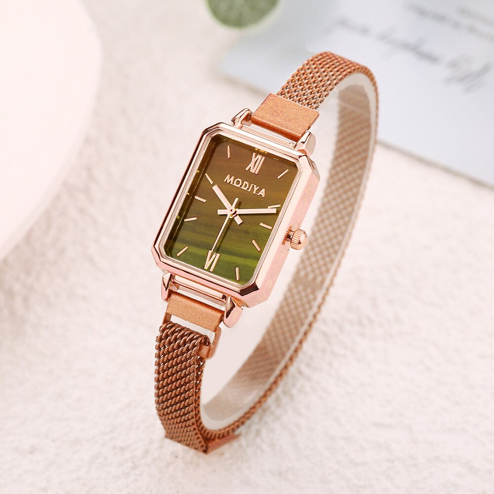 Hot New Dropshipping Fashion Women Green Watch Green Dial Luxury Ladies Scale Watches Simple Rose Gold Mesh Female Quartz Clock
