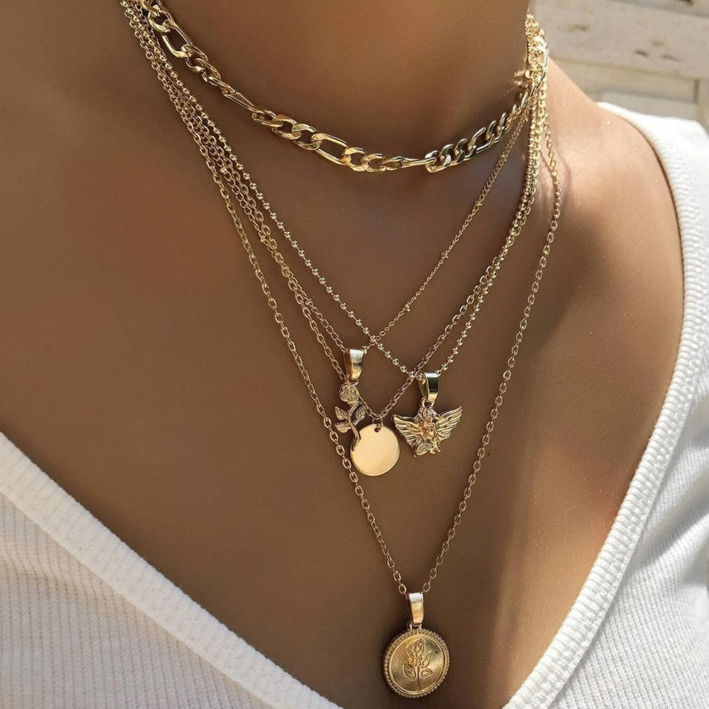 ZOVOLI Vintage Multi Layered Lock Portrait Pearl Round Coin Pendants Necklaces For Women Bohemia Gold Color Key Heart  Jewelry