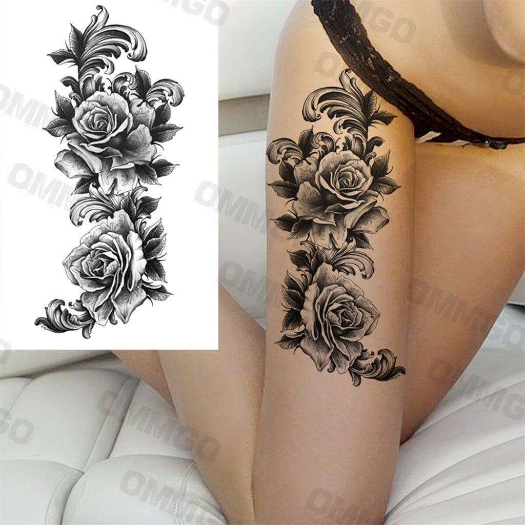 Realistic Lion Rose Flower Temporary Tattoos For Women Adult Girl Compass Skull Fake Tattoo Arm Thigh Body Art Waterproof Tatoos