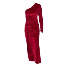Load image into Gallery viewer, sealbeer A&amp;A One Shoulder Ruched Slit Velvet Midi Dress
