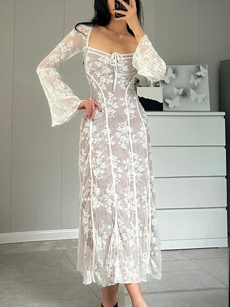 sealbeer A&A Luxe Vintage Square Collar Lace Long Sleeve Maxi Dress