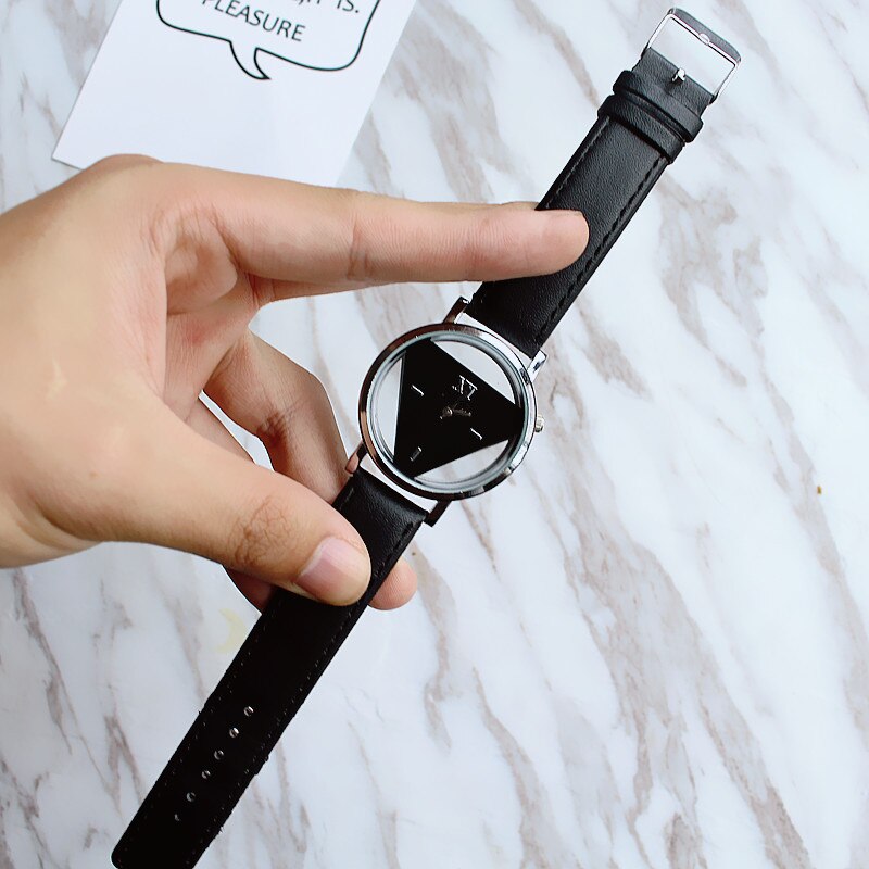 Fashion hollow triangle women quartz watches simple novelty and individualism creative wrist watch black white leather clock