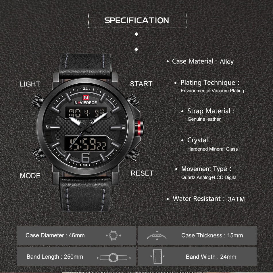NAVIFORCE Mens Sports Watches Men Quartz LED Digital Clock Top Brand Luxury Male Fashion Leather Waterproof Military Wrist Watch