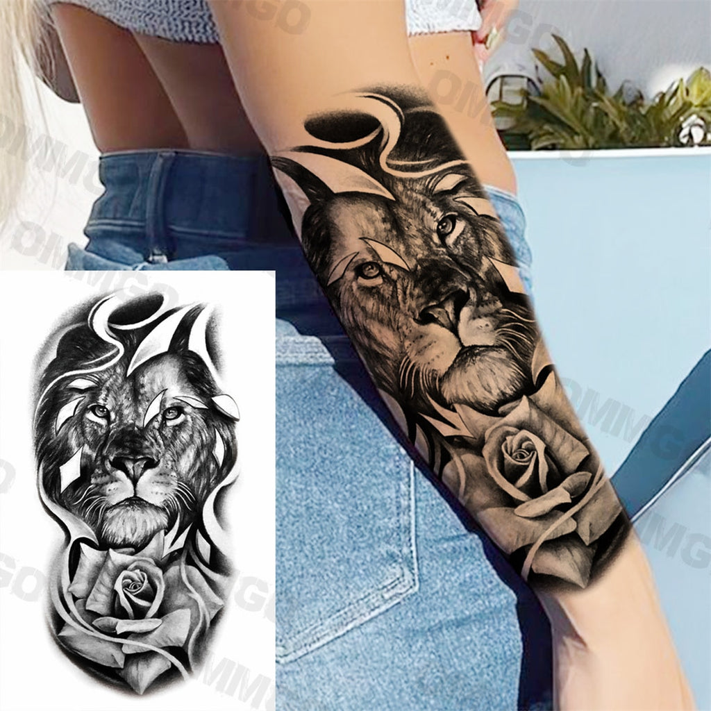 Realistic Lion Rose Flower Temporary Tattoos For Women Adult Girl Compass Skull Fake Tattoo Arm Thigh Body Art Waterproof Tatoos