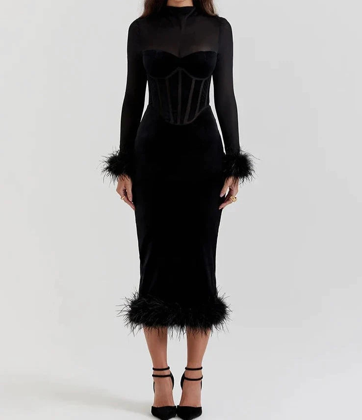 sealbeer A&A Luxe Velvet Long Sleeved Feather Midi Bodycon Dress