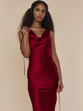 Load image into Gallery viewer, sealbeer A&amp;A Luxe Plunging Back Cowl Lace Up Satin Silk Maxi Dress