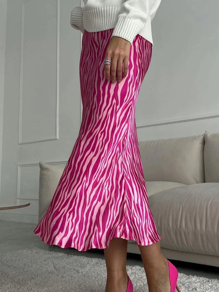 sealbeer A&A Elegant Midi Satin Print High Waist Skirt