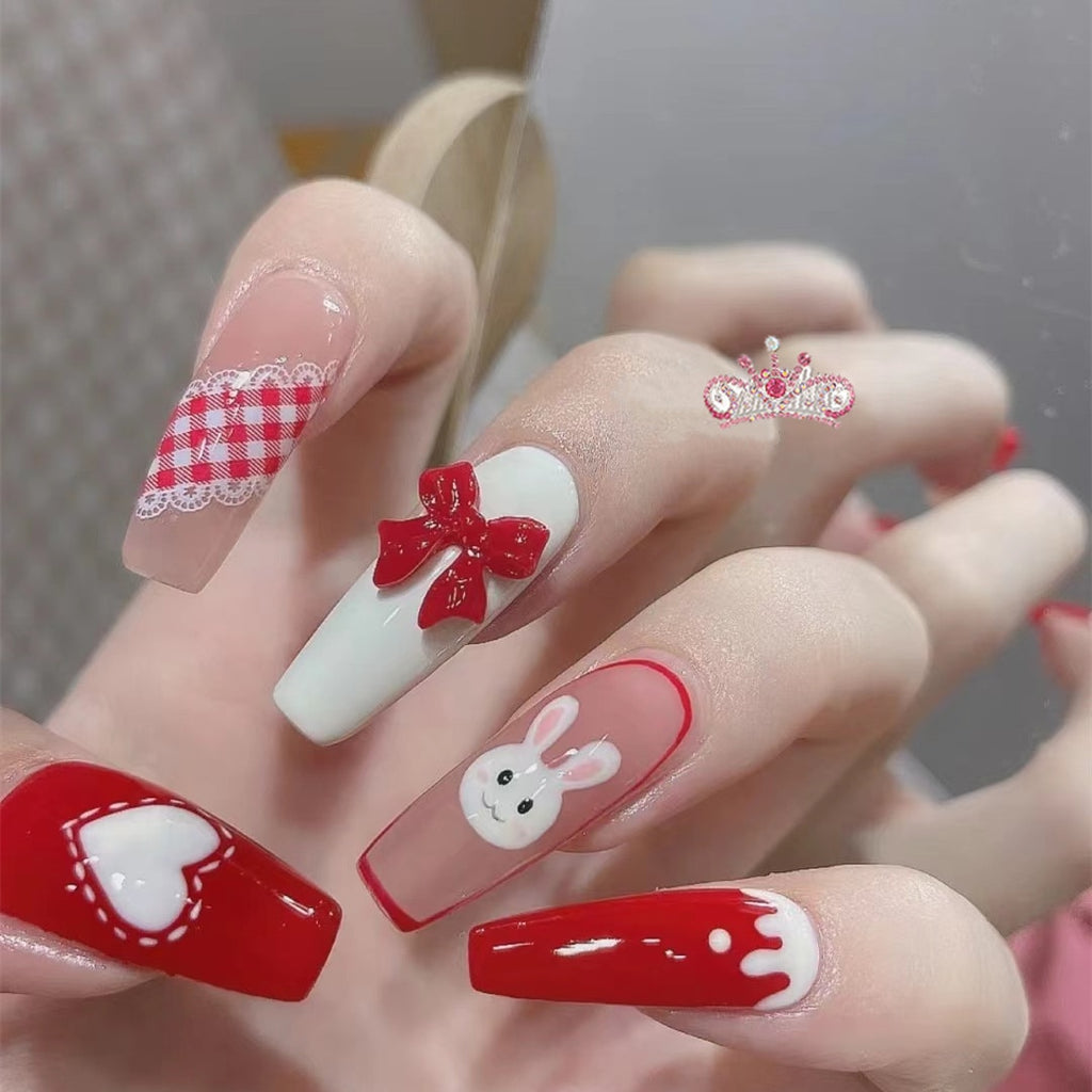 24pcs/box Press On False Nails Cute Nail Art Wearable Point Drill Fake Nails Heart Tips With Glue and Sticker With Wearing Tools