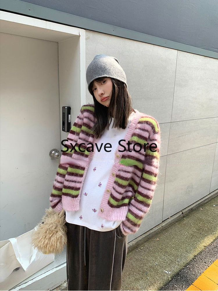 sealbeer  Autumn Faux Fure Knitted Cardigan Women Casual Long Sleeve Button Kawaii Clothing Striped Sweater Female Korean Style Tops