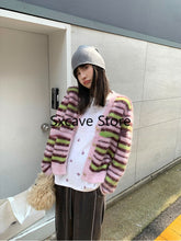 Load image into Gallery viewer, sealbeer  Autumn Faux Fure Knitted Cardigan Women Casual Long Sleeve Button Kawaii Clothing Striped Sweater Female Korean Style Tops