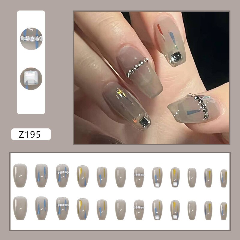 24Pcs Punk Babes Fake Nails With Glue Vintage Rhinestones Cross Design Long Ballet Coffin Press On Nails Detachable Manicure Tip