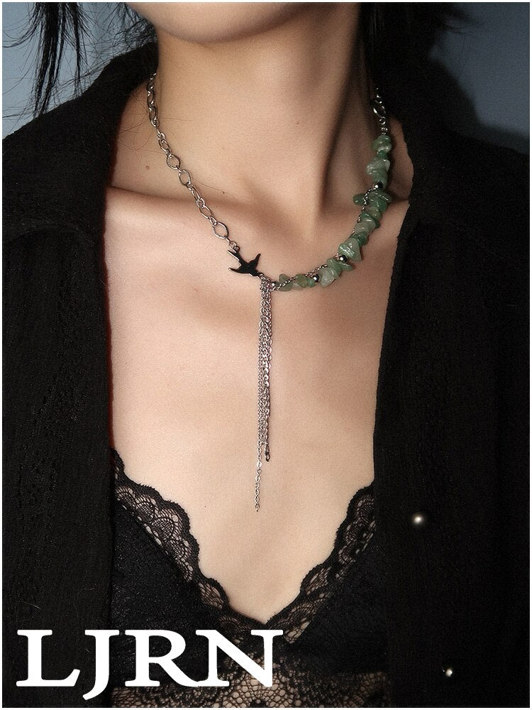 2022 New Beaded Necklace Bird Green Natural Stone Metal Splicing Tassel Neckwear Vintage Cool Choker for Women Jewelry Party