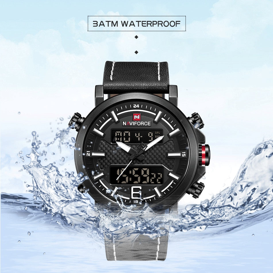 NAVIFORCE Mens Sports Watches Men Quartz LED Digital Clock Top Brand Luxury Male Fashion Leather Waterproof Military Wrist Watch