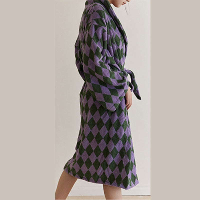 Luxurious Towels Plaid Retro Checkerboard Cotton Bathrobe Women Robe Soft Sleepwear Kimono Warm Bath Robes Coat Towel Homewear