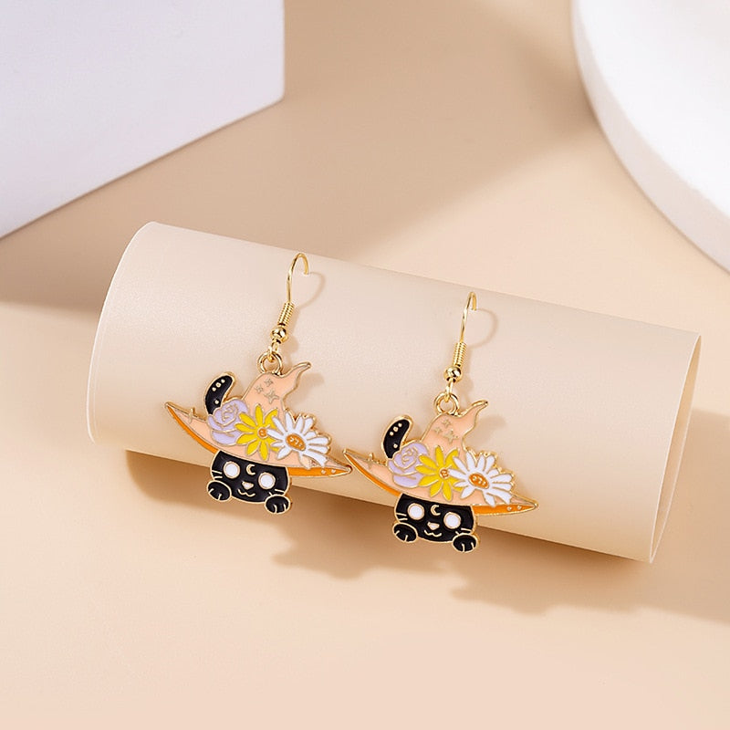 Fashion Cute Cat Earrings for Women Korean Sweet Cartoon Moon Flower Geometric Dangle Earrings Girls Birthday Party Jewelry Gift