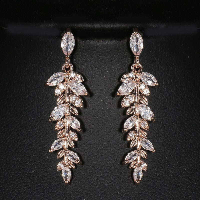 Fashion Gold Color Leaves Jewelry Set for Women Zirconia Dangle Drop Earring and Necklace Elegant Korean Crystal Wedding Jewelry