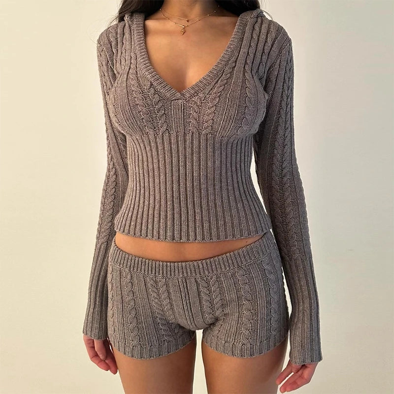 sealbeer A&A It Girl Knitted 2 Piece Set Cropped Sweater and Shorts