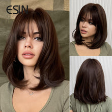 Load image into Gallery viewer, ESIN Synthetic Dark Brown Ombre to Purple Bob Wigs with Bangs for Women medium long Straight Hair Wig Cosplay Hairstyle