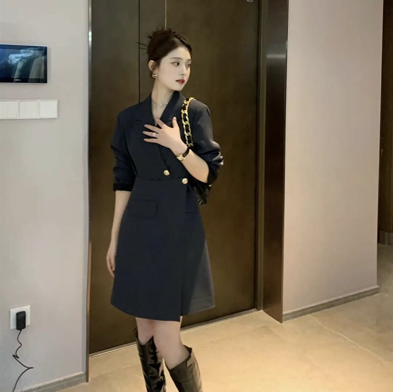 sealbeer Korean Chic Solid Short Dresses for Women  Autumn New Fashion Long Sleeve Notched Slim Office Lady A-line Female Clothing