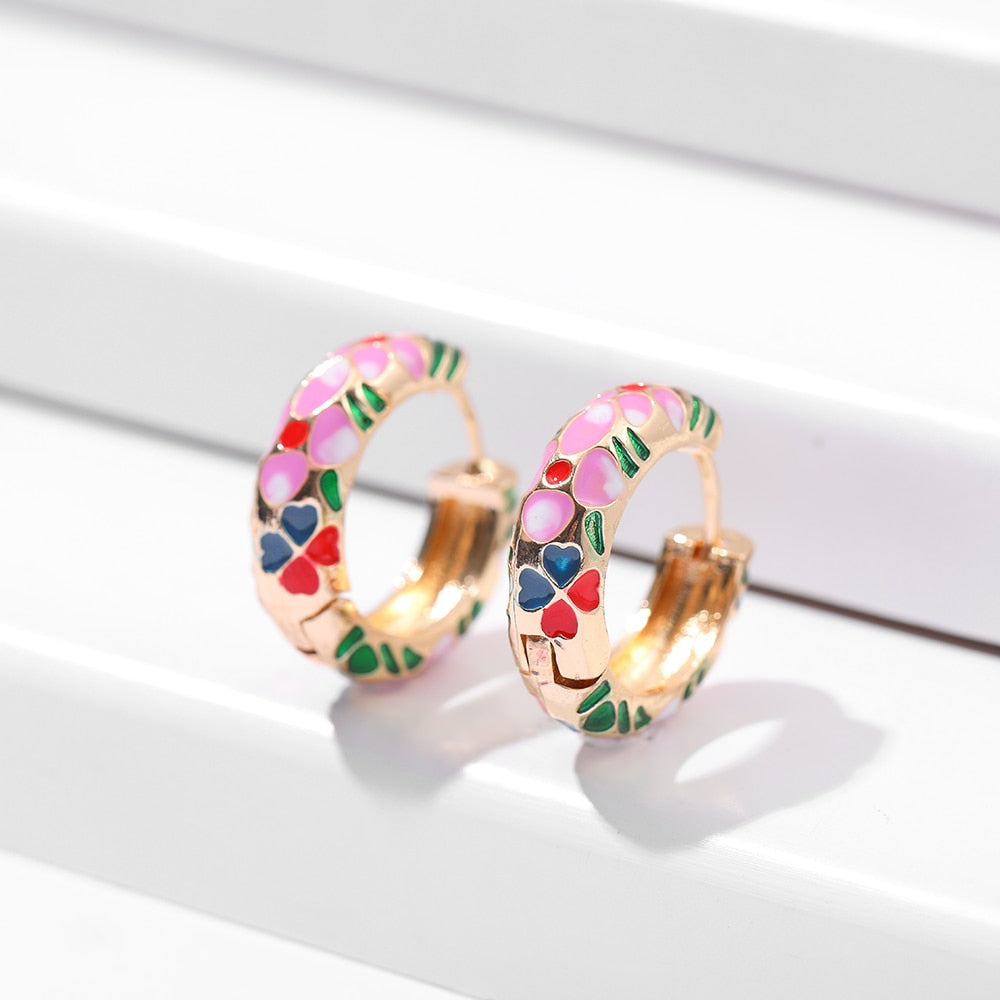 Vintage Enamel Flower Small Hoop Earrings Trendy Geometric Statement Round Circle Huggie Earring Fashion Jewelry Brincos