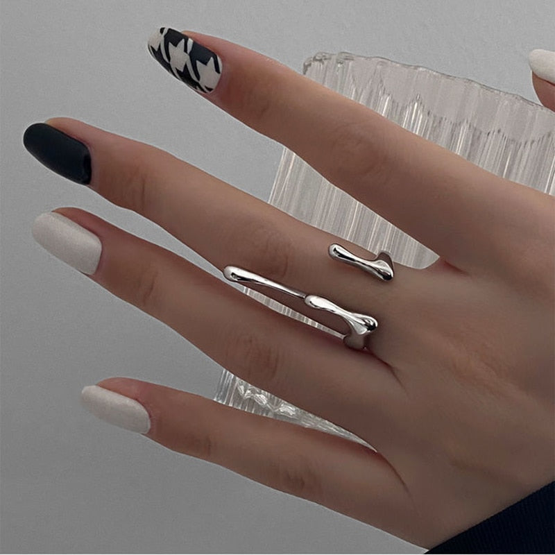 Punk Irregular Liquid Lava Open Ring Women Vintage Silver Color Metal Ring Cuff Hip Hop Personality Simple Fidget Ring Jewelry