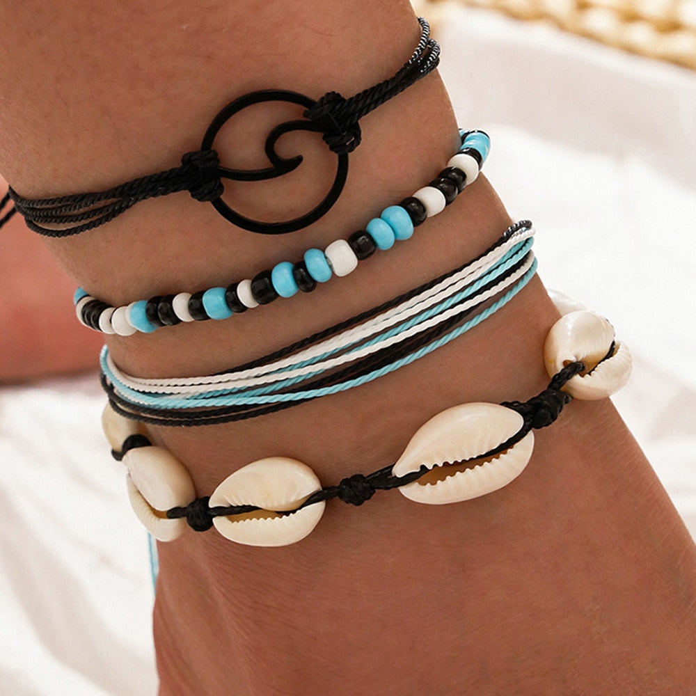 European And American Beach Bohemian Fashion Hand-Woven Foot Accessories Shell Beaded Sea Wave Ladies Anklet 4-Piece Set