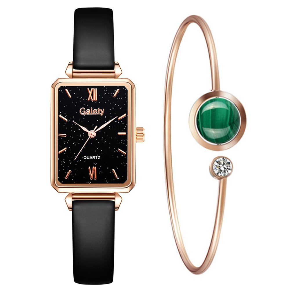 Elegant Women Watches Fashion Square Ladies Quartz Watch Bracelet Set Green Dial Simple Rose Gold Mesh Simple Watches Clock East