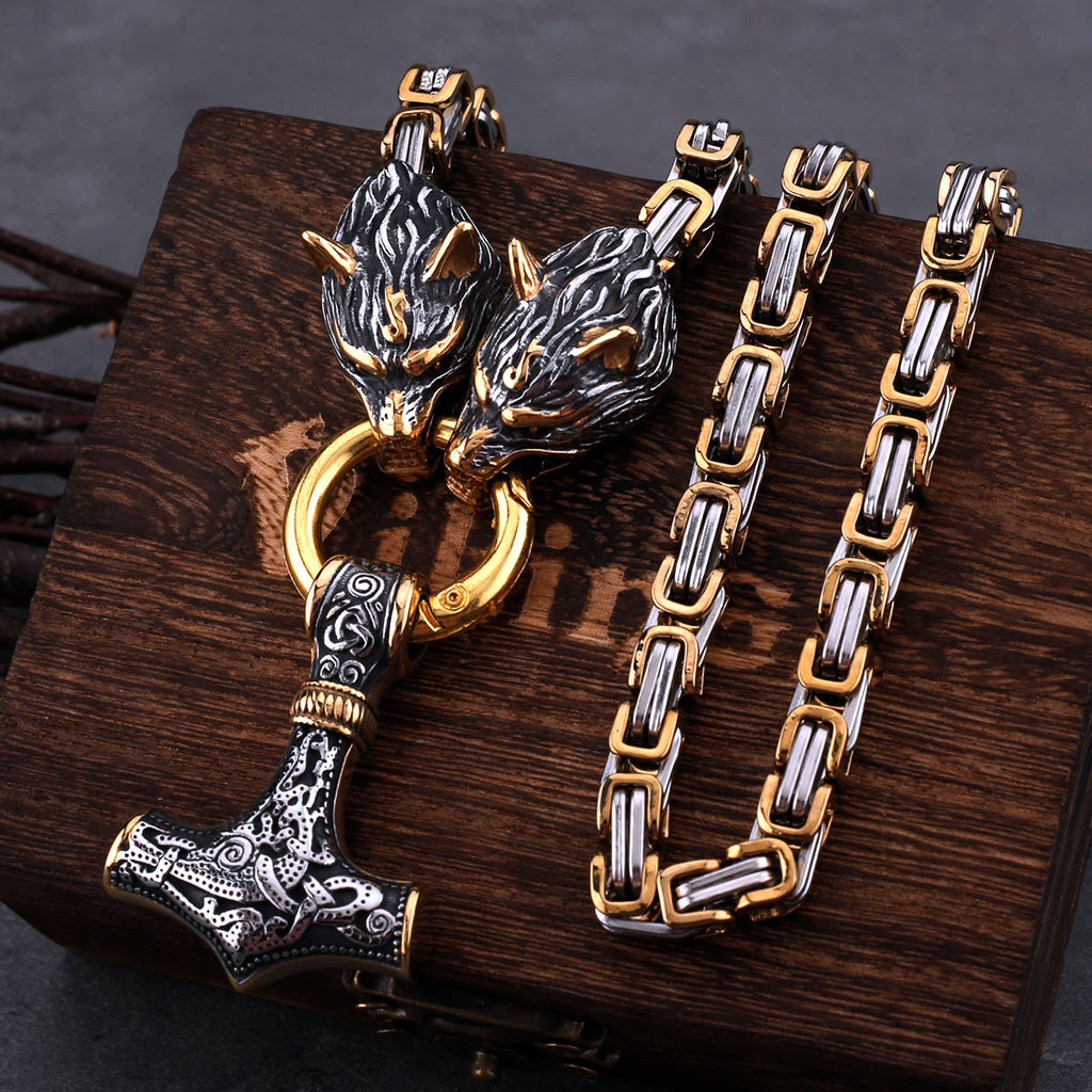 Stainless Steel Wolf Head Viking Amulet Thor Hammer Pendant Necklace Pirate King Chain Men's Necklace Pendant