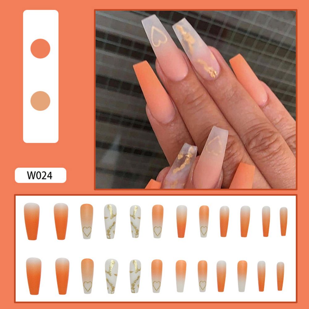 24Pcs Long Coffin False Nails Gold Glitter Sequins Designs Press On Full Cover Fake Nails Tips Wearable Manicure Art Accessories