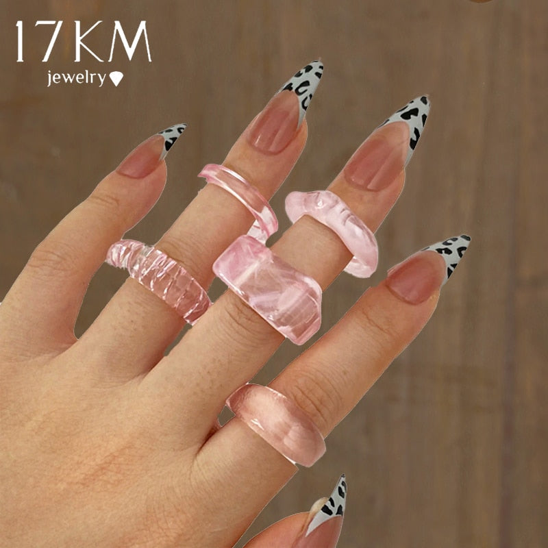 17KM Korean Colorful Transparent Resin Acrylic Rings Set for Women Trendy Geometric Square Round Ring Wedding Jewelry