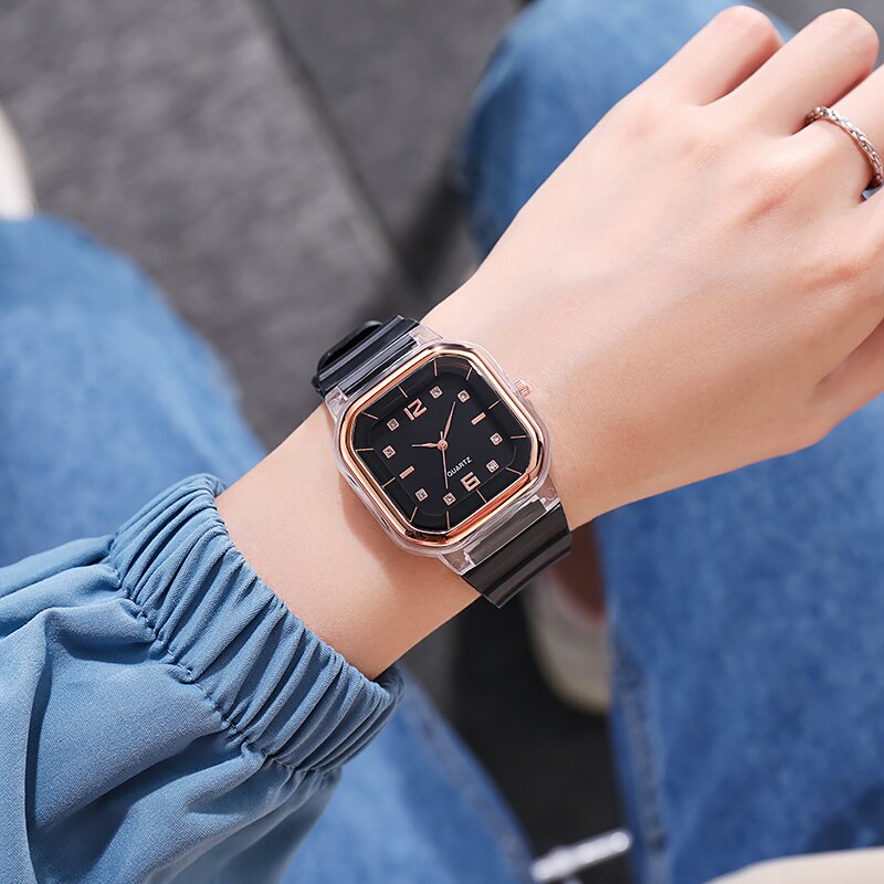 Simple Girls Watch Couple Square Dial Personality Silicone Strap Quartz Wrist Creative Watches
