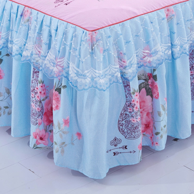 Floral Home Bed Skirts Sanding Elegant Lace Decorated Bedroom Non-Slip Mattress Cover Skirt Bedspreads Bed Two-Layer Cover