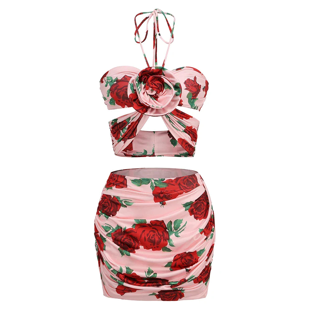 sealbeer A&A Luxe Floral Mini Bodycon Two Piece Halterneck Skirt Set