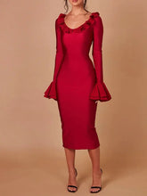 Load image into Gallery viewer, sealbeer A&amp;A Low Cut Flared Sleeve Ruffled Gown Midi Dress
