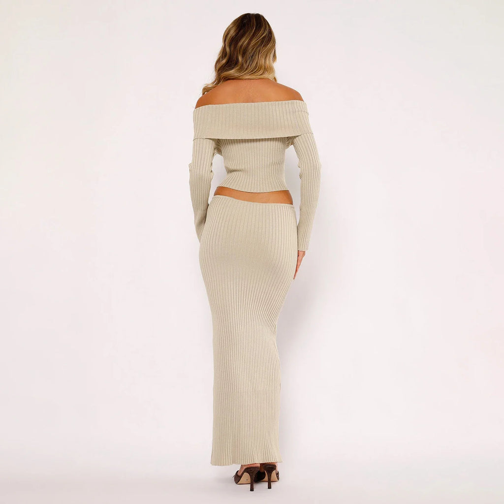 sealbeer A&A Off The Shoulder Long Sleeve Ribbed Knit Crop Top and Maxi Skirt Set