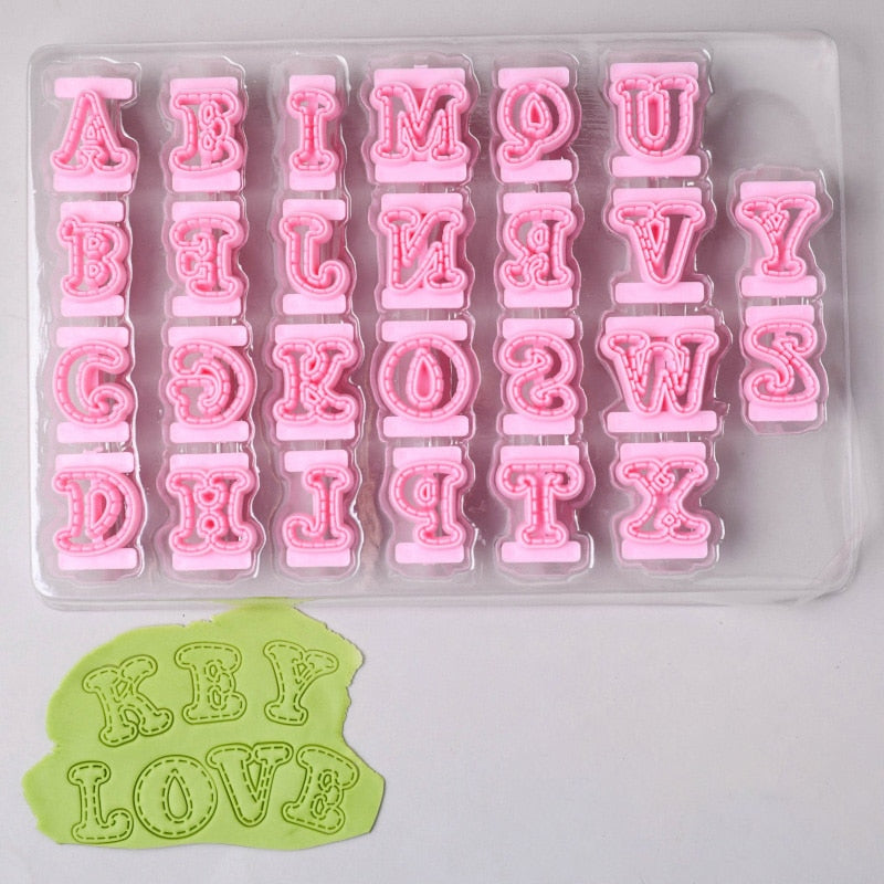 26pcs/set Alphabet Cake Molds Cakes Sugar Paste Letter Cookies Cutter Words Press Stamp Baking Embossing Mould for Home DIY Cake