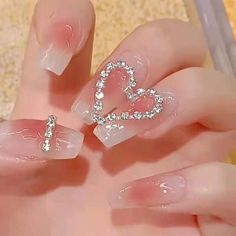24pcs/box Press On False Nails Cute Nail Art Wearable Point Drill Fake Nails Heart Tips With Glue and Sticker With Wearing Tools