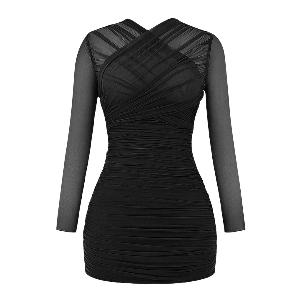 sealbeer A&A Ruched Mesh Long Sleeve Wrap Front Bodycon Dress