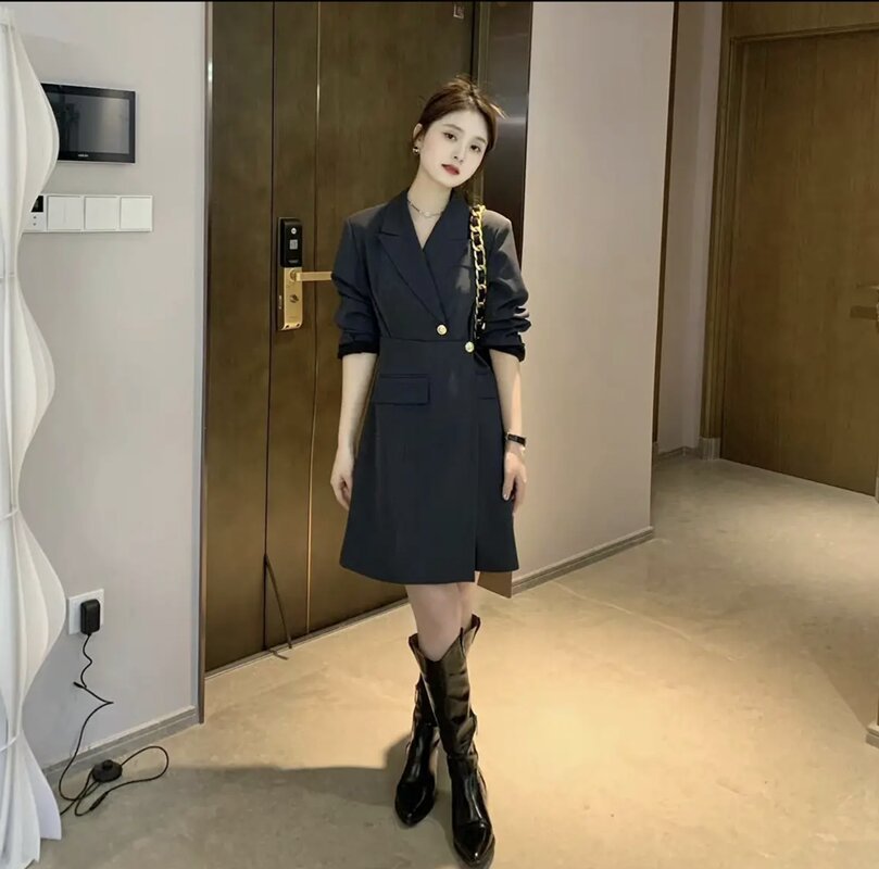 sealbeer Korean Chic Solid Short Dresses for Women  Autumn New Fashion Long Sleeve Notched Slim Office Lady A-line Female Clothing