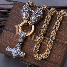 Load image into Gallery viewer, Stainless Steel Wolf Head Viking Amulet Thor Hammer Pendant Necklace Pirate King Chain Men&#39;s Necklace Pendant