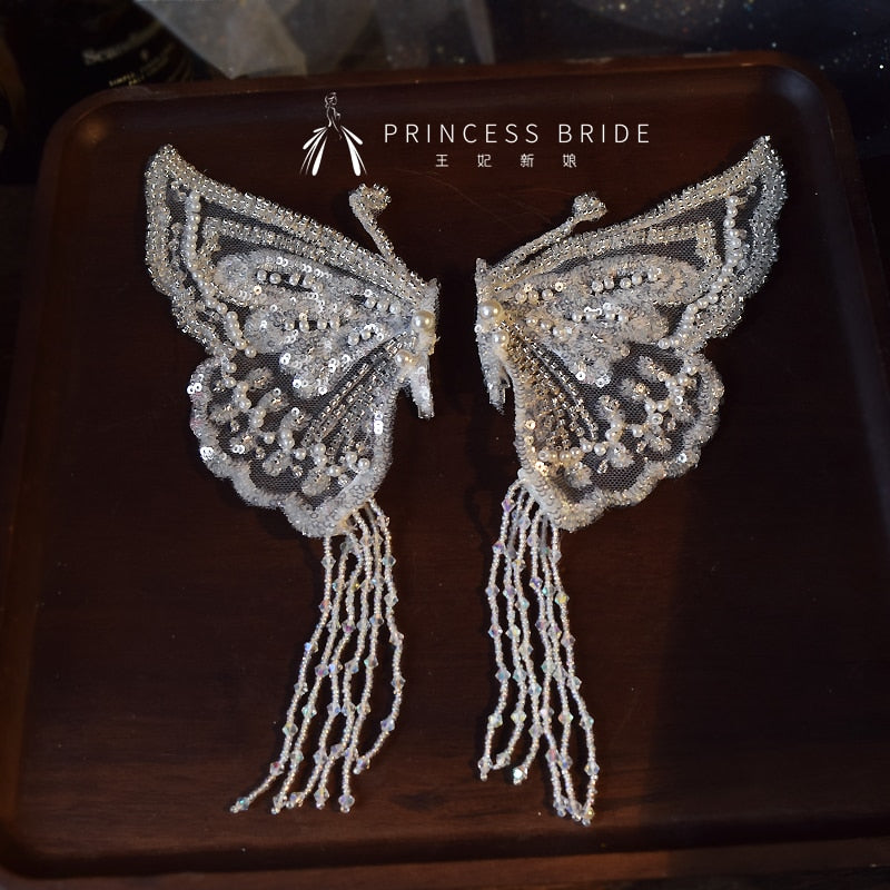 Net Sequin tassel lace butterfly pair clip White Bride curling headdress wedding hair accessories