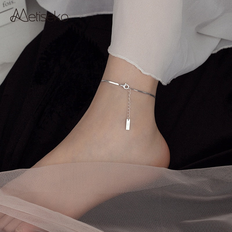 Metiseko 925 Silver Snake Chain Anklet Real Silver Not Allergic Ankle Bracelet on the Leg for Women Summer Beach Holiday Party